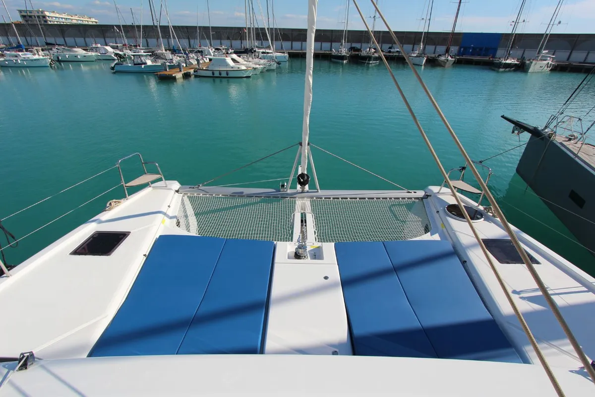 Deck of Stella, a Dufour Catamaran 48 catamaran at Olbia, Italy