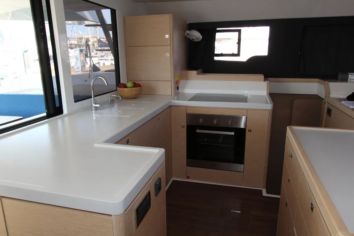 Galley of Stella, a Dufour Catamaran 48 catamaran at Olbia, Italy