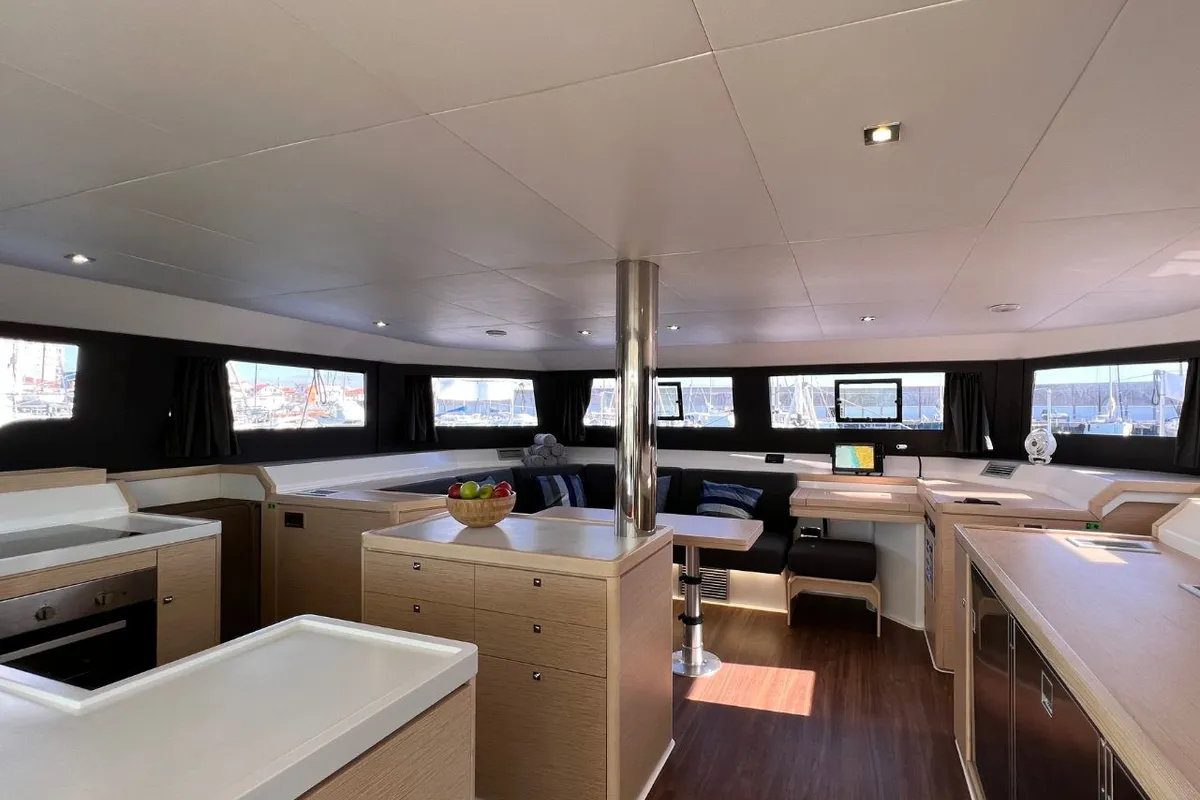 Salon of Stella, a Dufour Catamaran 48 catamaran at Olbia, Italy