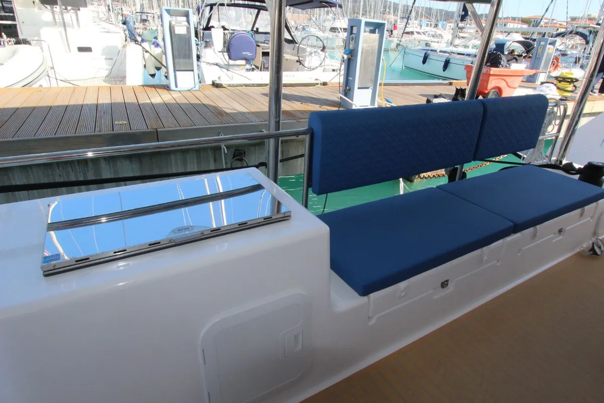 Deck of Stella, a Dufour Catamaran 48 catamaran at Olbia, Italy