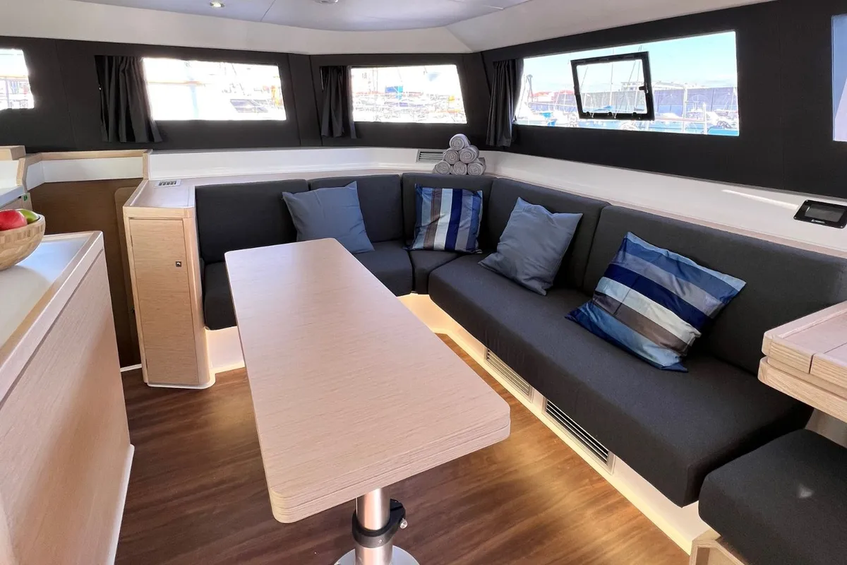 Salon of Stella, a Dufour Catamaran 48 catamaran at Olbia, Italy