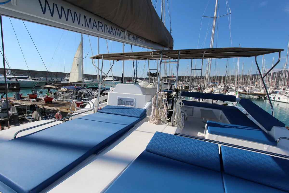 Deck of Stella, a Dufour Catamaran 48 catamaran at Olbia, Italy