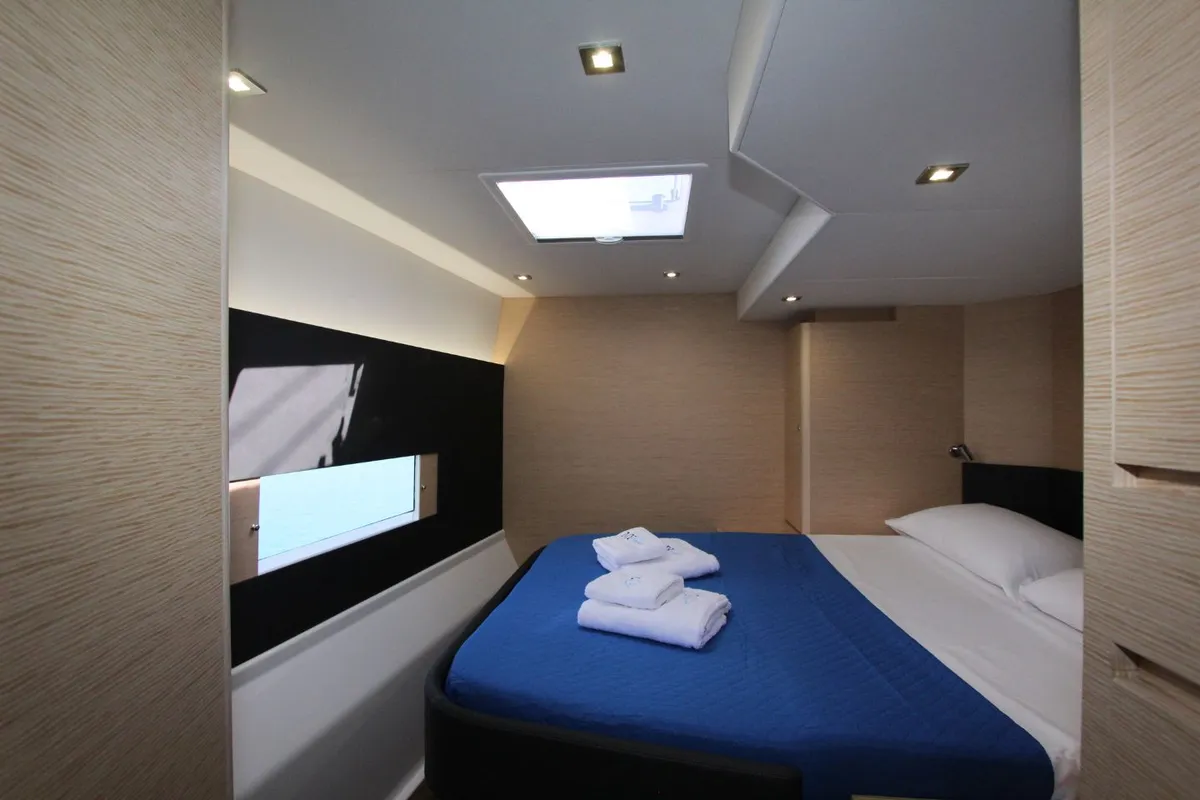 Cabin on Stella, a Dufour Catamaran 48 catamaran at Olbia, Italy