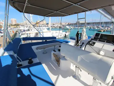Cockpit of Stella, a Dufour Catamaran 48 catamaran at Olbia, Italy