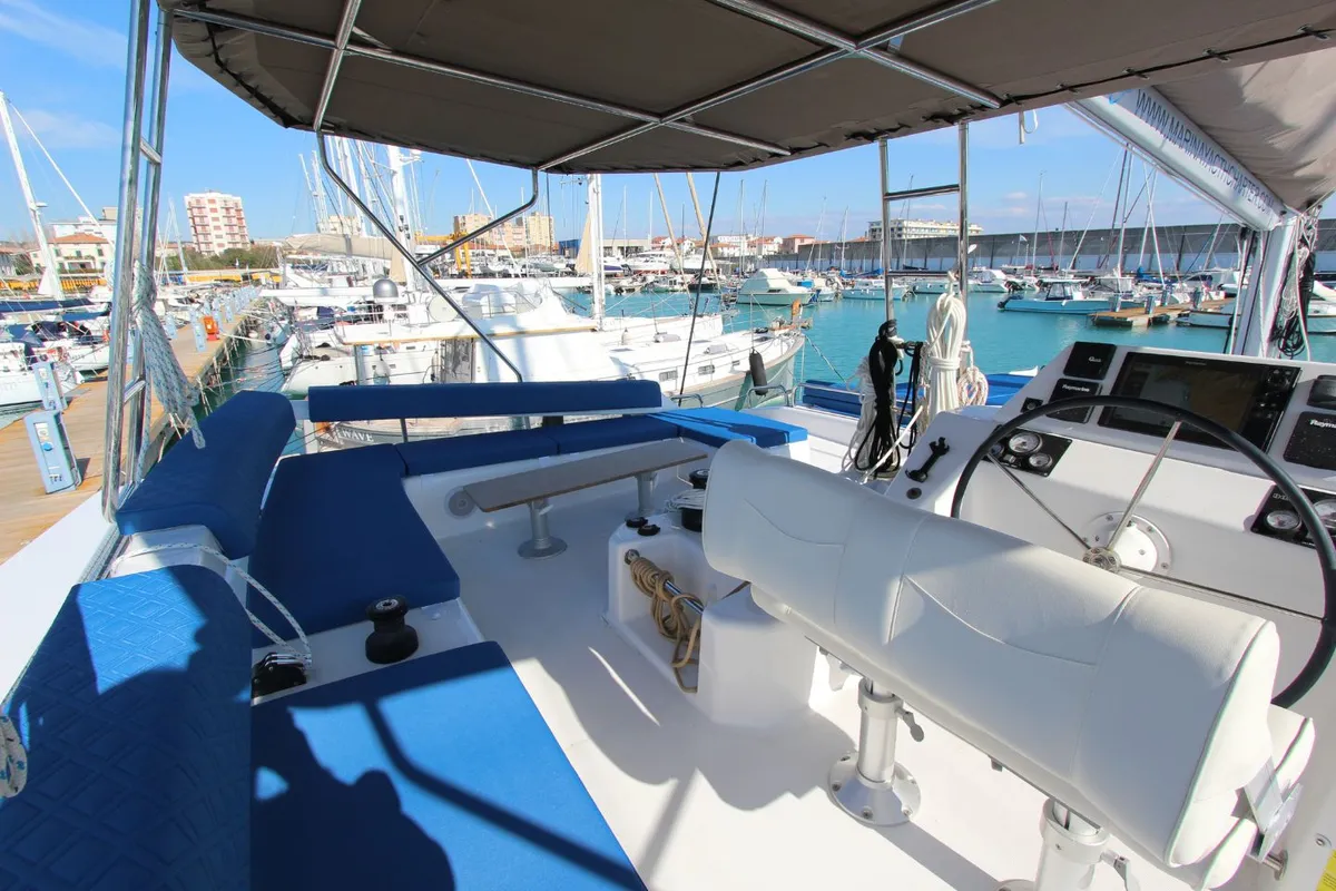 Cockpit of Stella, a Dufour Catamaran 48 catamaran at Olbia, Italy