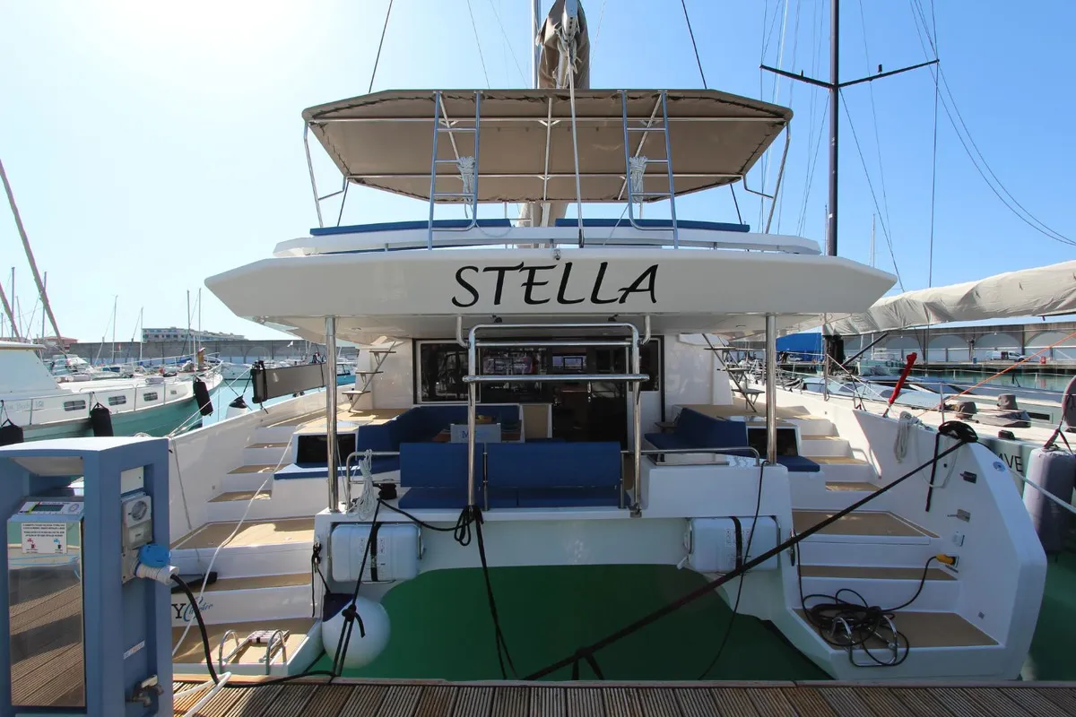 Exterior view of Stella, a Dufour Catamaran 48 catamaran at Olbia, Italy