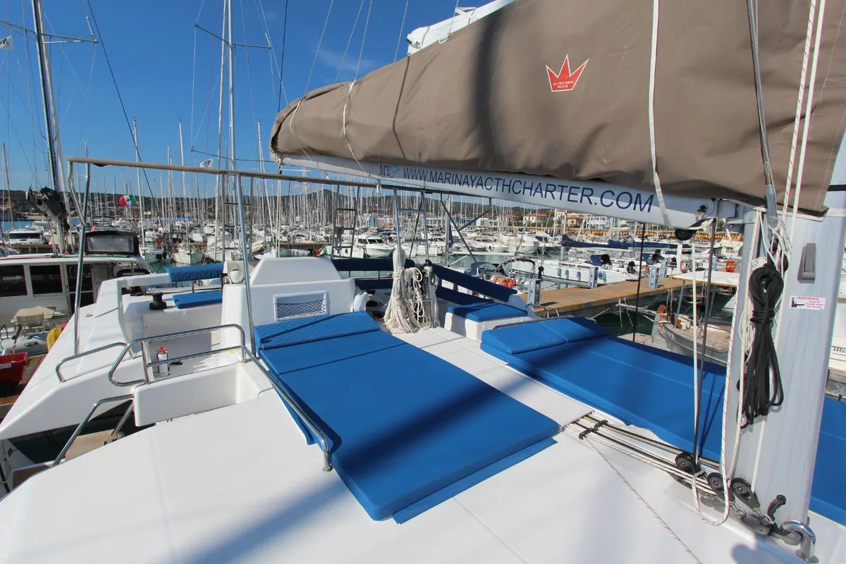 Deck of Stella, a Dufour Catamaran 48 catamaran at Olbia, Italy