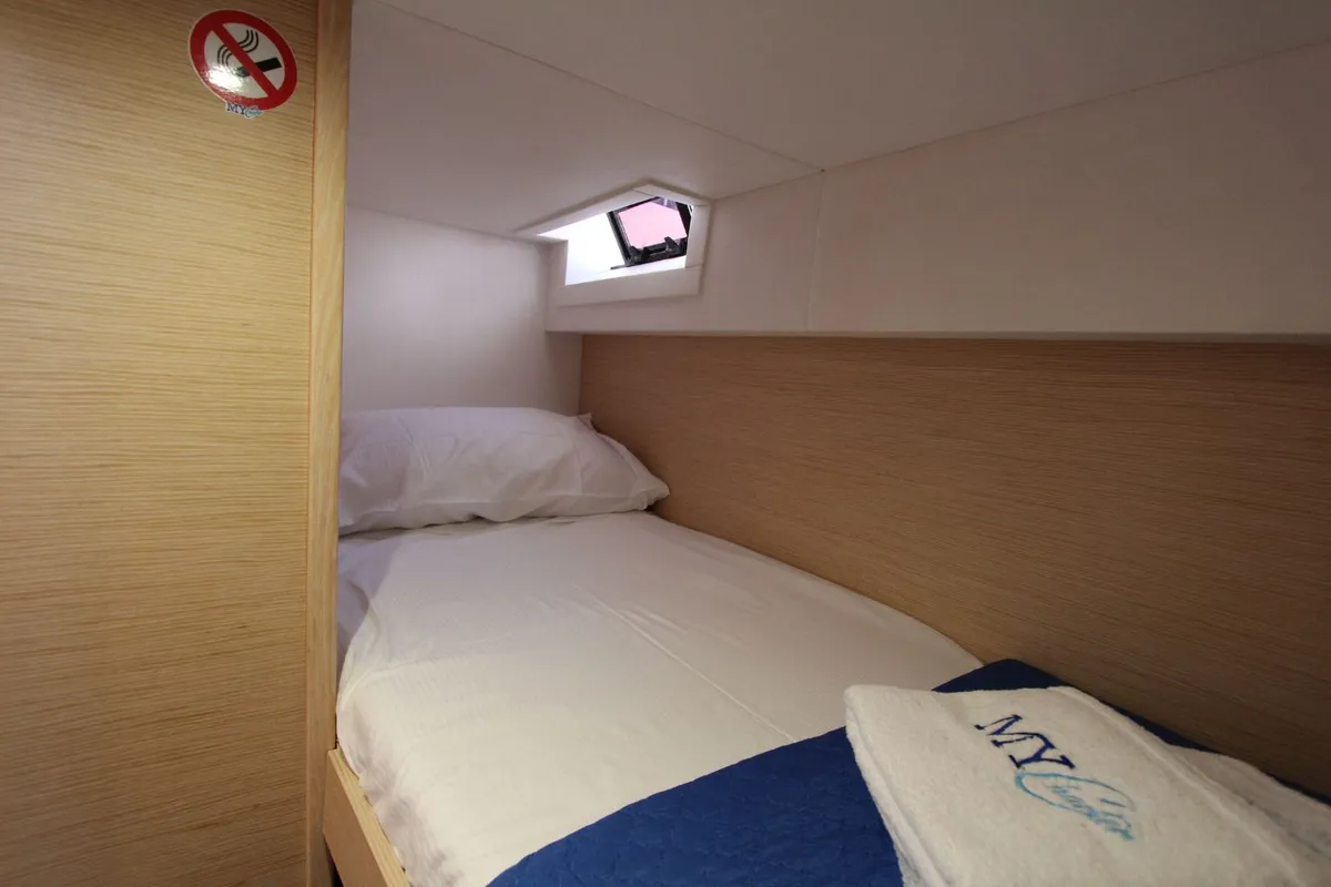 Cabin on Stella, a Dufour Catamaran 48 catamaran at Olbia, Italy