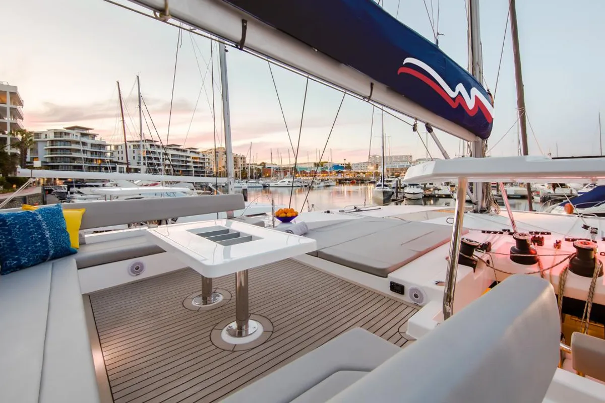 Deck of Moorings 5000 Exclusive Plus, a Leopard 50 catamaran at Grand Anse, Grenada