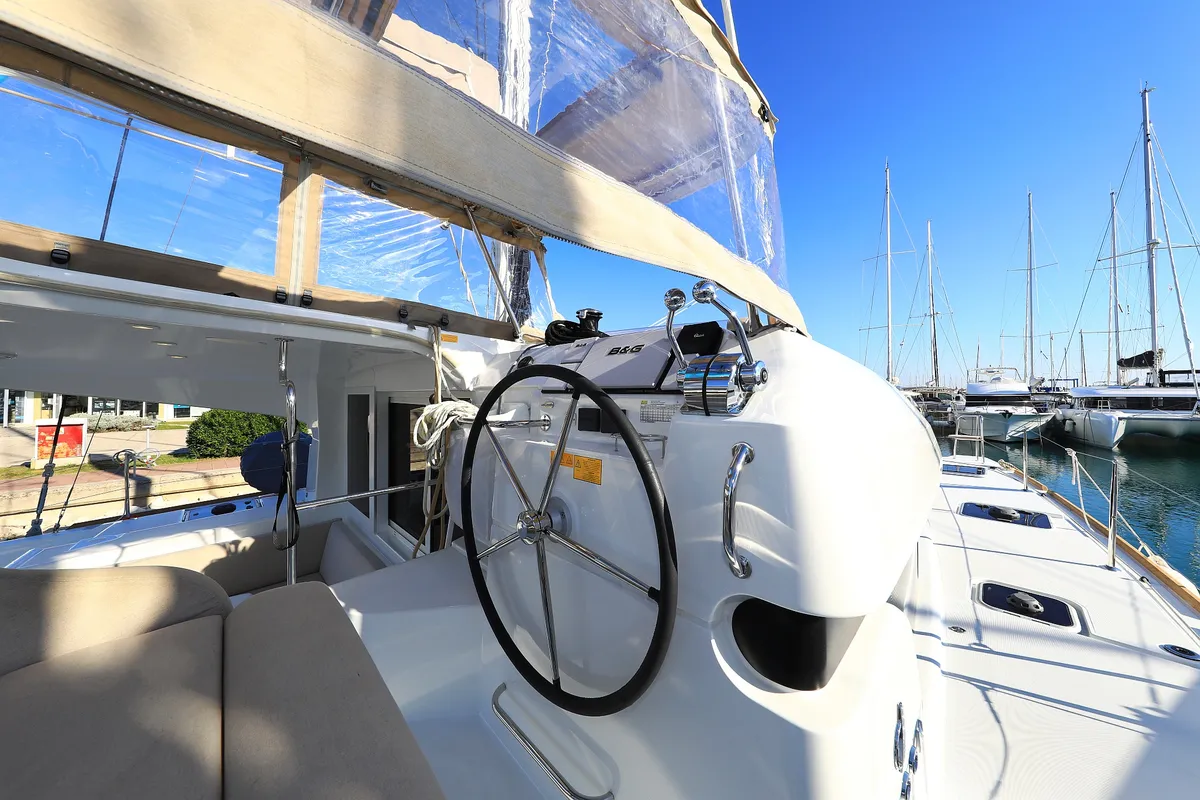 Cockpit of Gimme Kiss, a Lagoon 40 catamaran at Općina Sukošan, Croatia