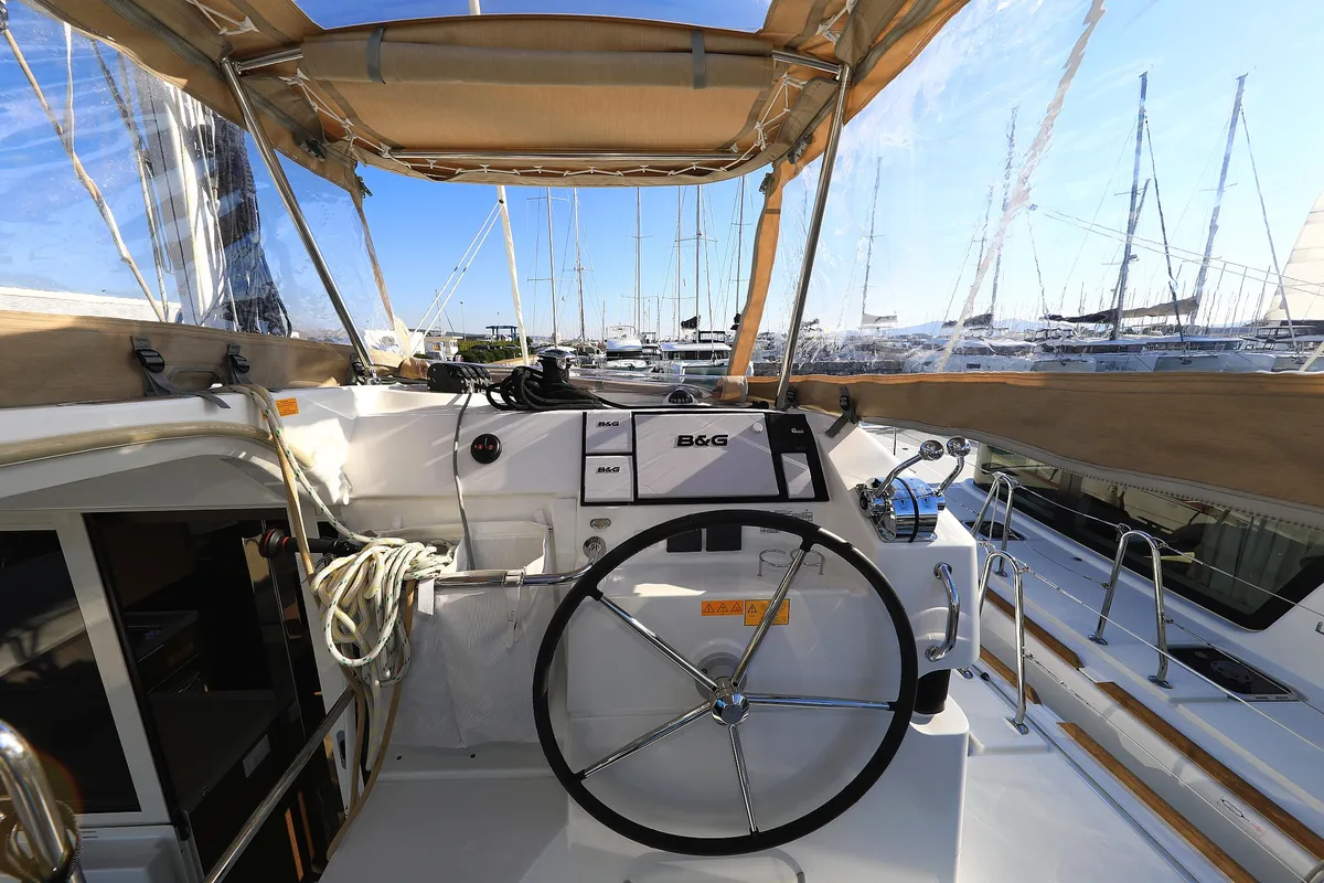 Cockpit of Gimme Kiss, a Lagoon 40 catamaran at Općina Sukošan, Croatia