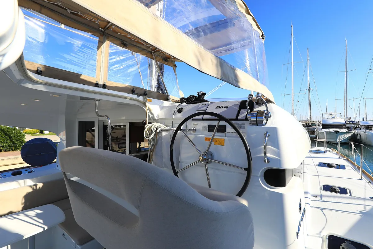 Cockpit of Gimme Kiss, a Lagoon 40 catamaran at Općina Sukošan, Croatia