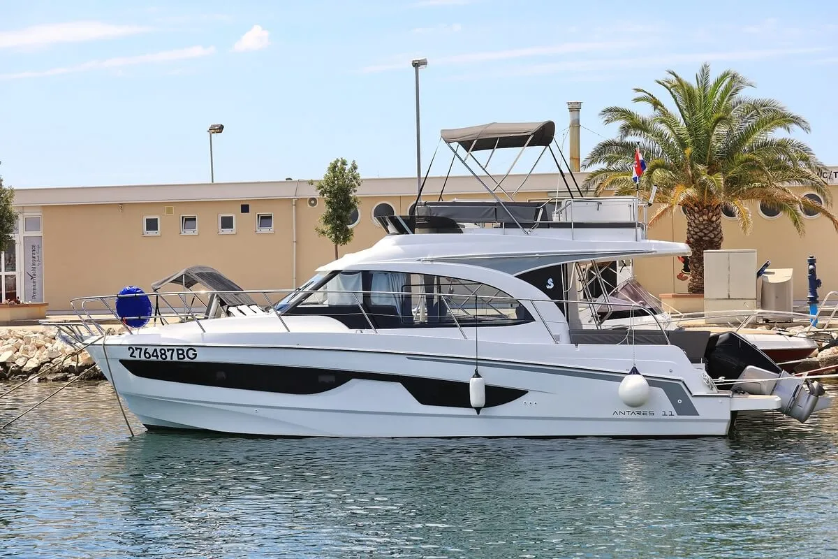 Exterior view of Solis, a Beneteau Antares 11 Fly OB motorboat at Grad Biograd na Moru, Croatia