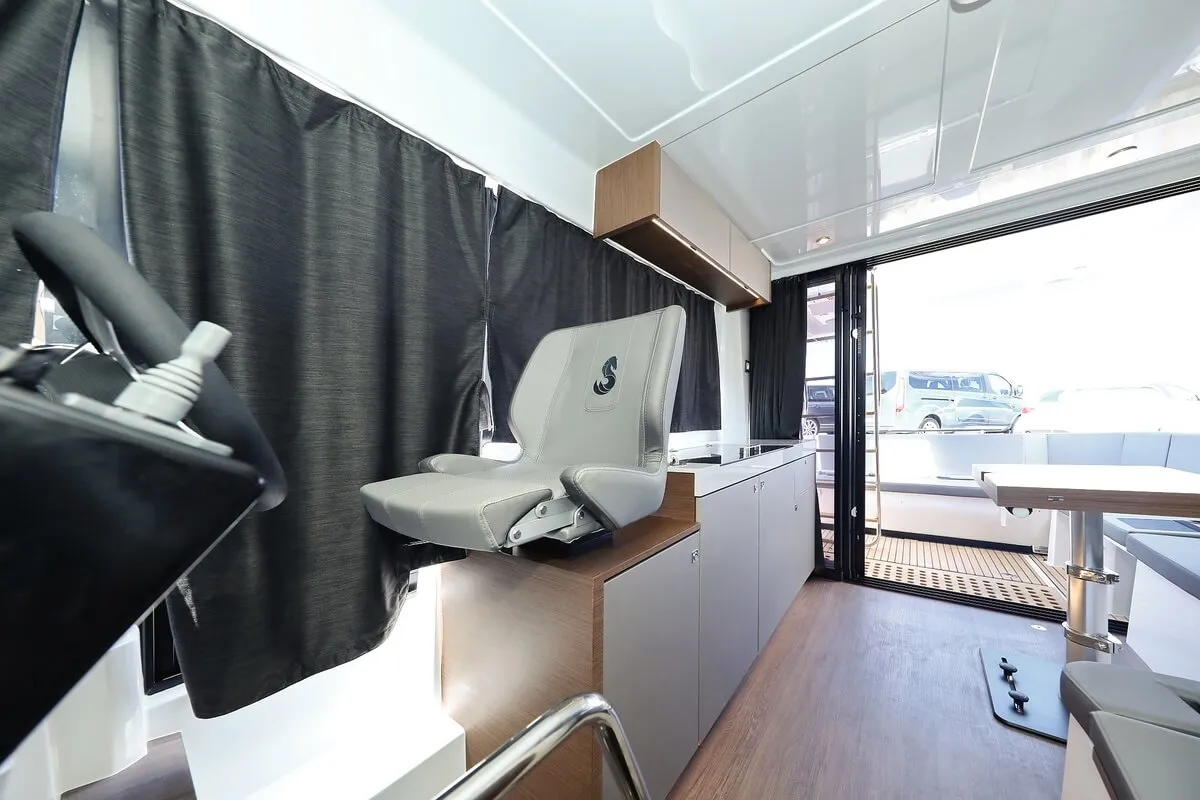 Salon of Solis, a Beneteau Antares 11 Fly OB motorboat at Grad Biograd na Moru, Croatia