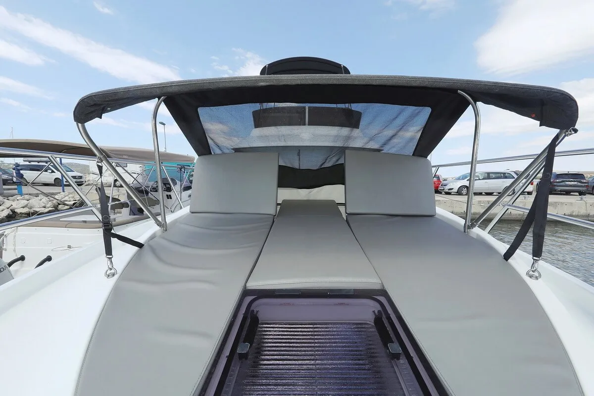 Deck of Solis, a Beneteau Antares 11 Fly OB motorboat at Grad Biograd na Moru, Croatia