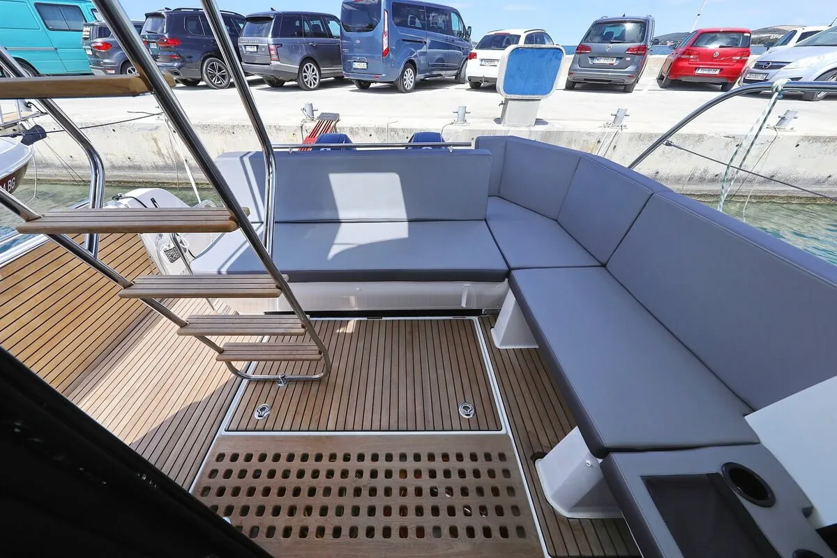 Deck of Solis, a Beneteau Antares 11 Fly OB motorboat at Grad Biograd na Moru, Croatia