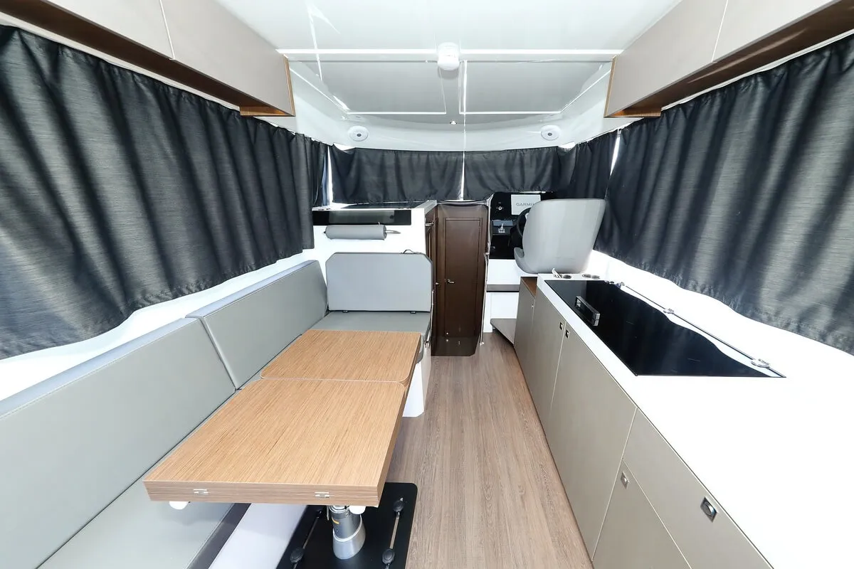 Salon of Solis, a Beneteau Antares 11 Fly OB motorboat at Grad Biograd na Moru, Croatia