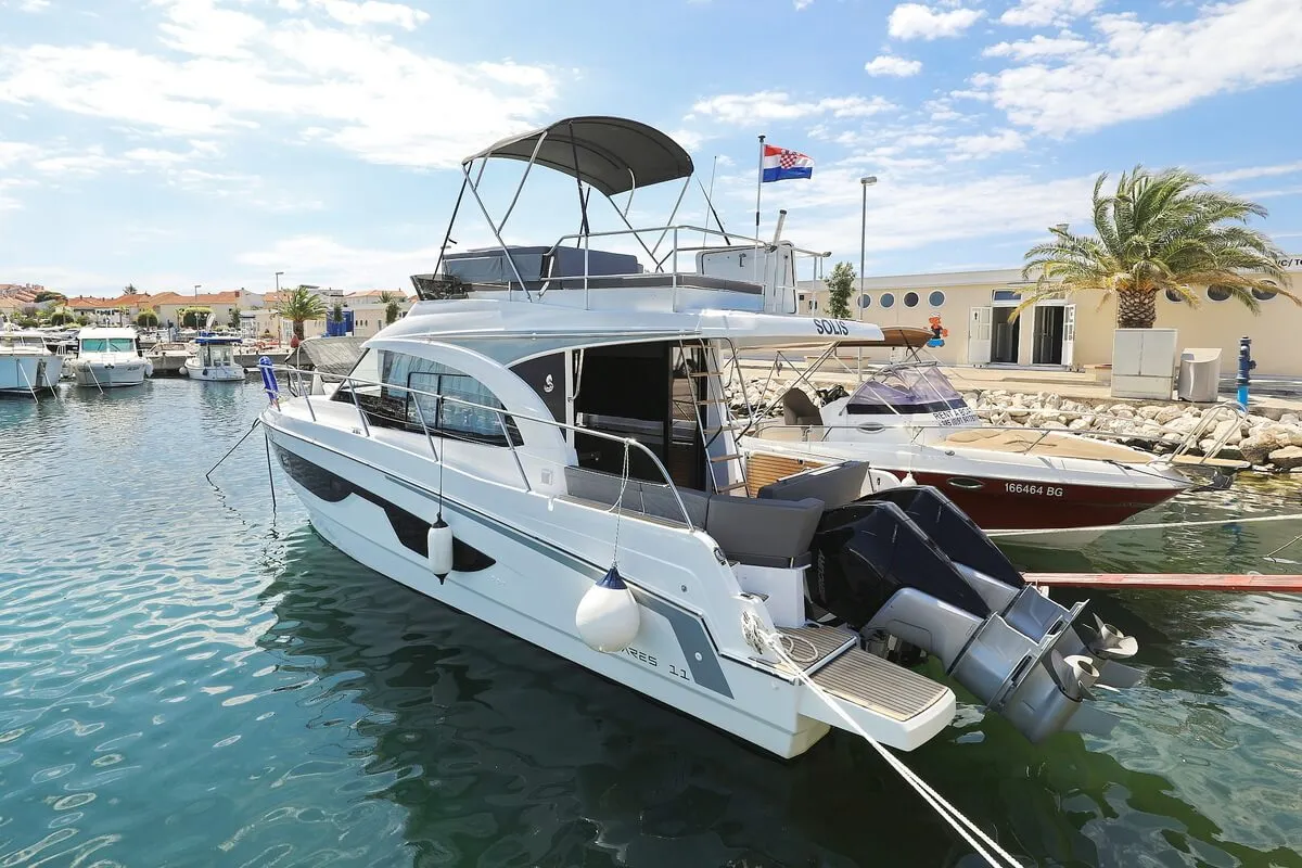Exterior view of Solis, a Beneteau Antares 11 Fly OB motorboat at Grad Biograd na Moru, Croatia
