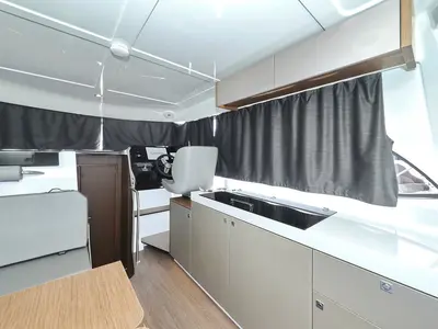 Salon of Solis, a Beneteau Antares 11 Fly OB motorboat at Grad Biograd na Moru, Croatia