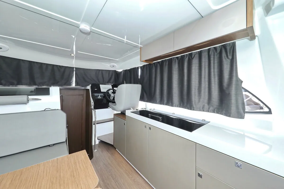 Salon of Solis, a Beneteau Antares 11 Fly OB motorboat at Grad Biograd na Moru, Croatia