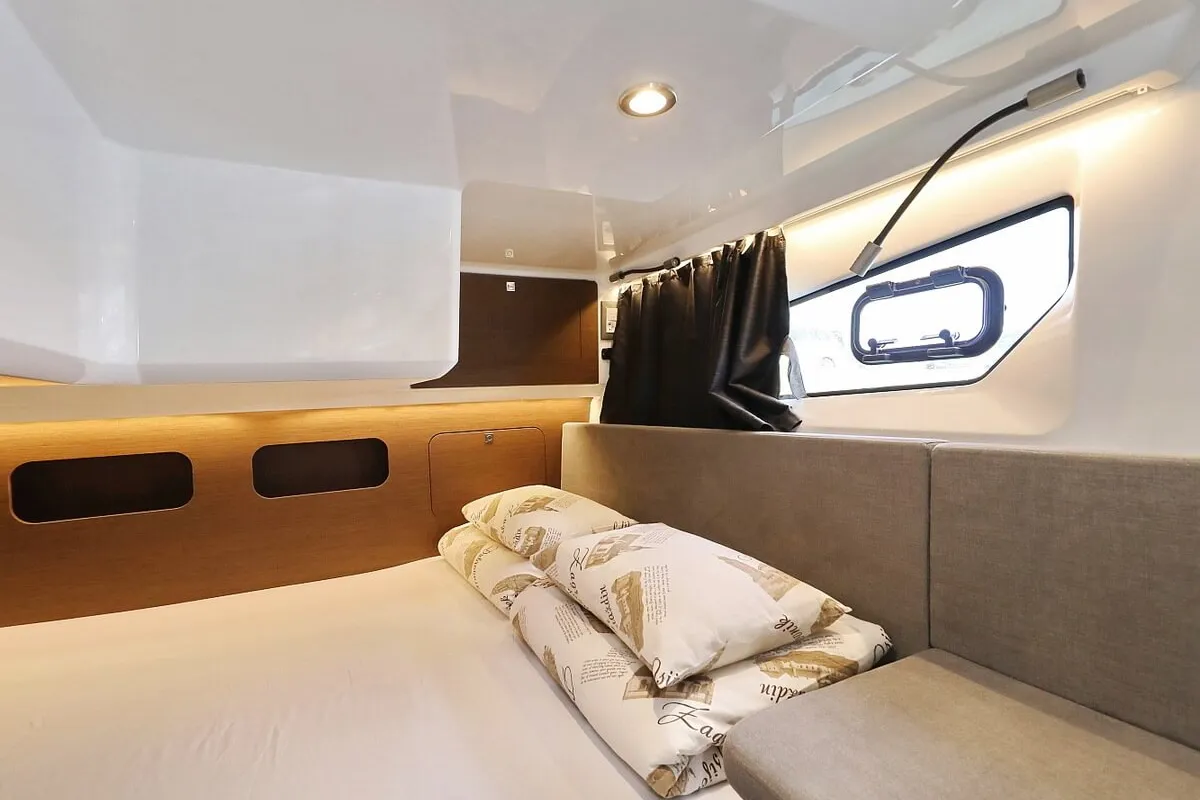 Cabin on Solis, a Beneteau Antares 11 Fly OB motorboat at Grad Biograd na Moru, Croatia