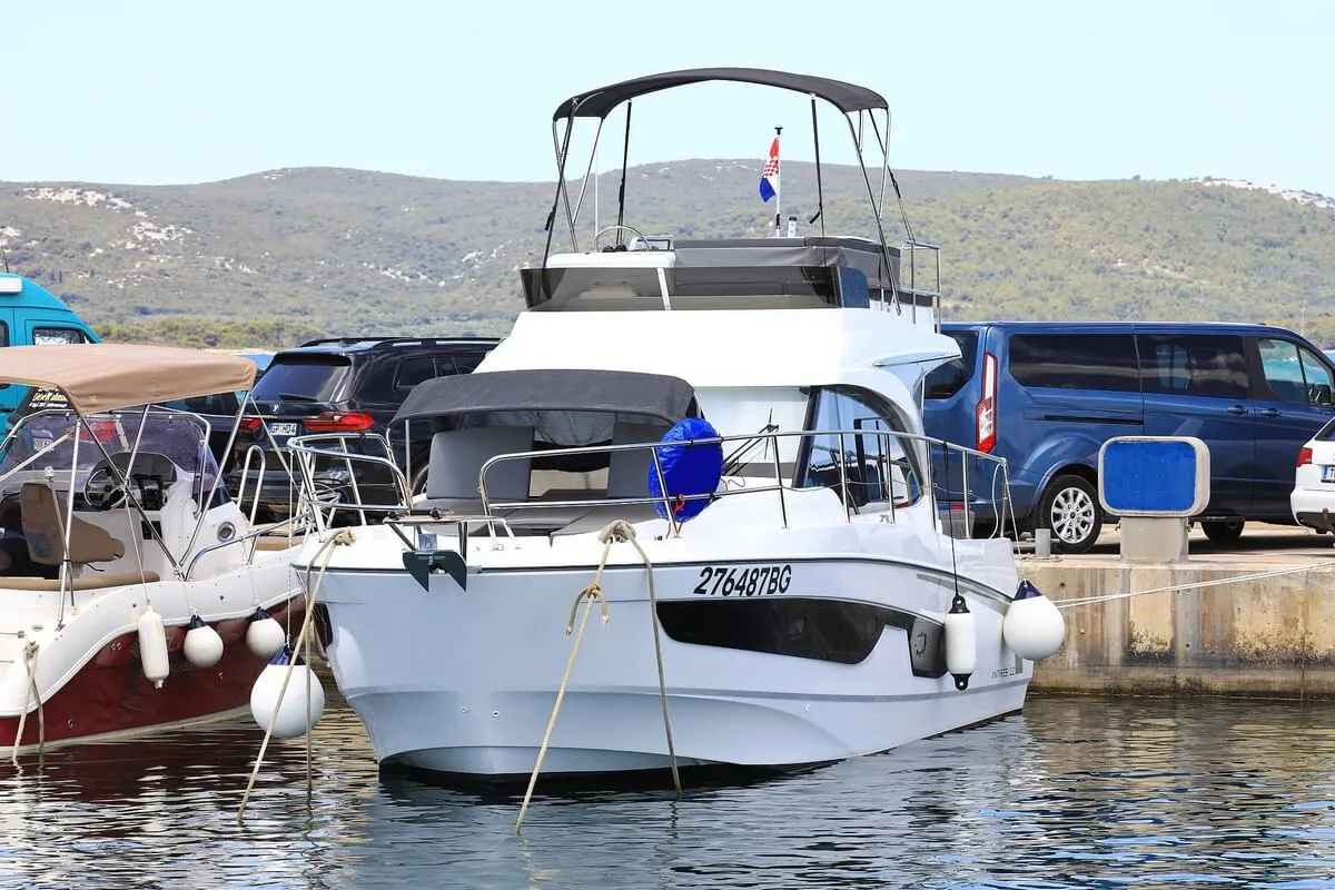 Exterior view of Solis, a Beneteau Antares 11 Fly OB motorboat at Grad Biograd na Moru, Croatia