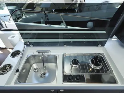 Galley of Solis, a Beneteau Antares 11 Fly OB motorboat at Grad Biograd na Moru, Croatia