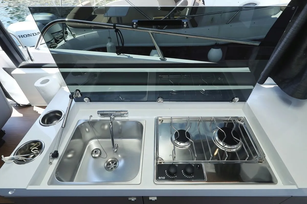 Galley of Solis, a Beneteau Antares 11 Fly OB motorboat at Grad Biograd na Moru, Croatia