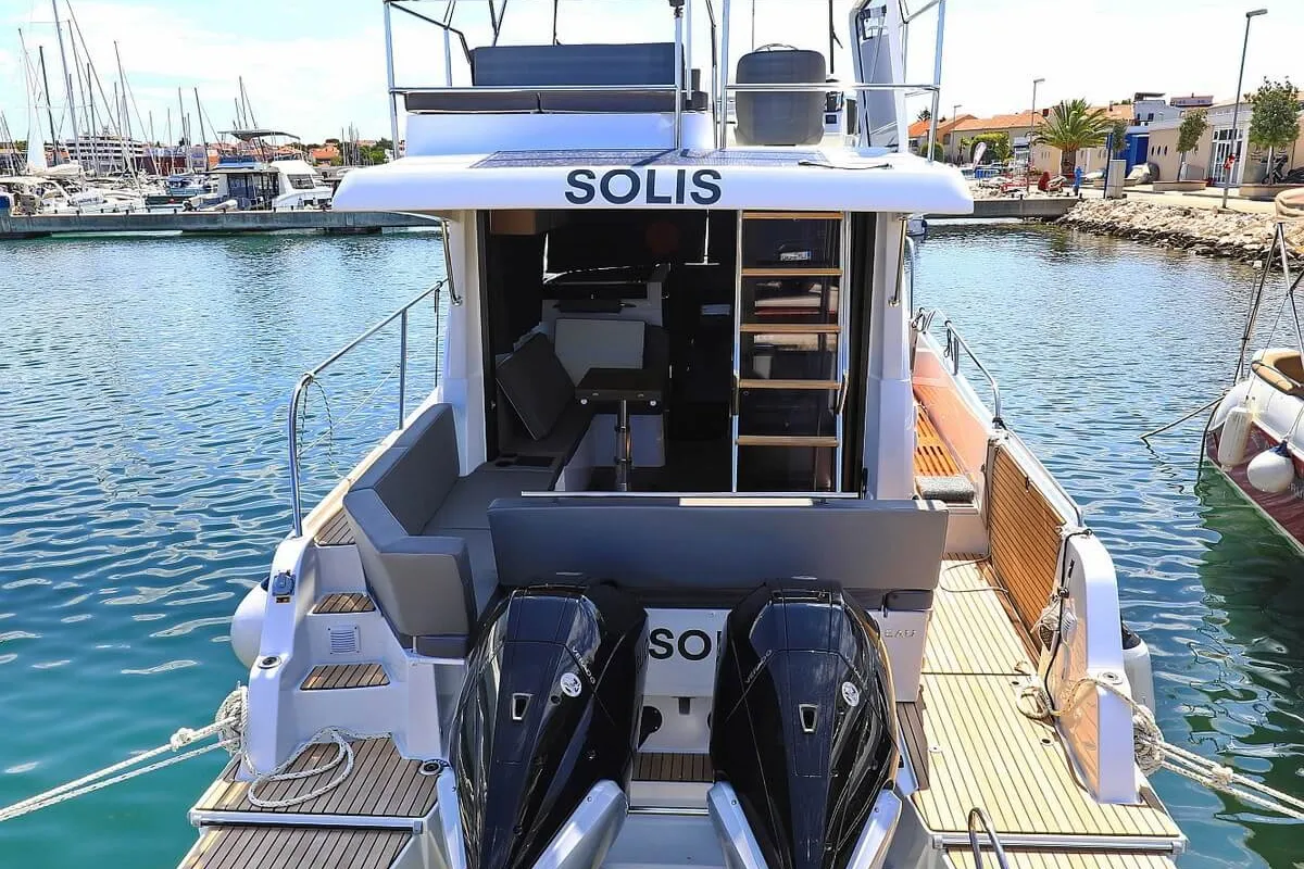 Exterior view of Solis, a Beneteau Antares 11 Fly OB motorboat at Grad Biograd na Moru, Croatia