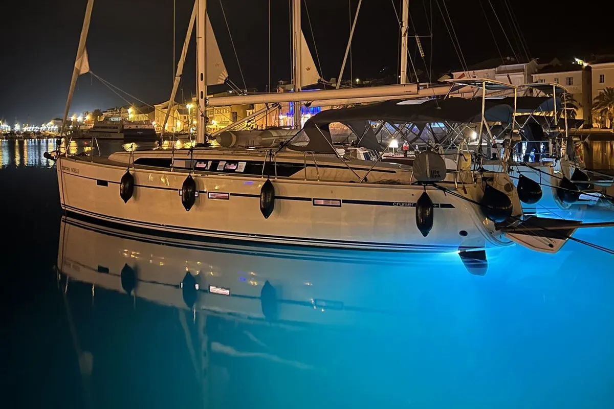 Exterior view of Noelle, a Bavaria Cruiser 46 sailboat at Grad Pula, Croatia