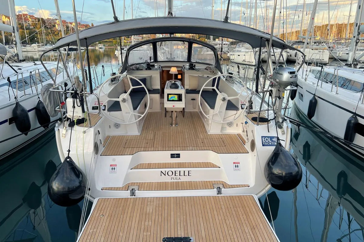Deck of Noelle, a Bavaria Cruiser 46 sailboat at Grad Pula, Croatia