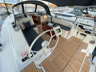Cockpit of Noelle, a Bavaria Cruiser 46 sailboat at Grad Pula, Croatia