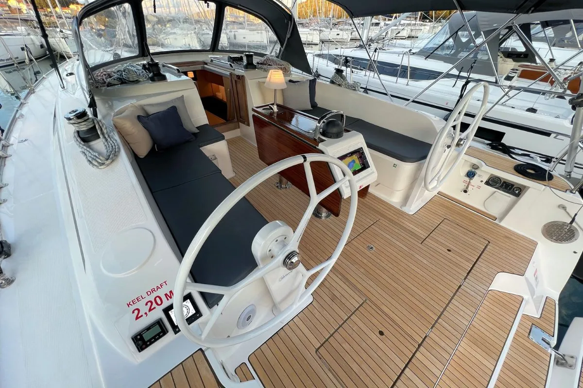 Cockpit of Noelle, a Bavaria Cruiser 46 sailboat at Grad Pula, Croatia