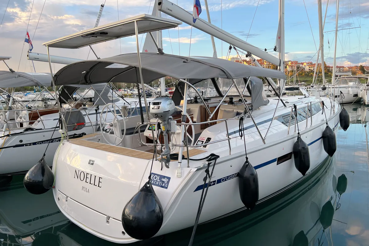 Exterior view of Noelle, a Bavaria Cruiser 46 sailboat at Grad Pula, Croatia