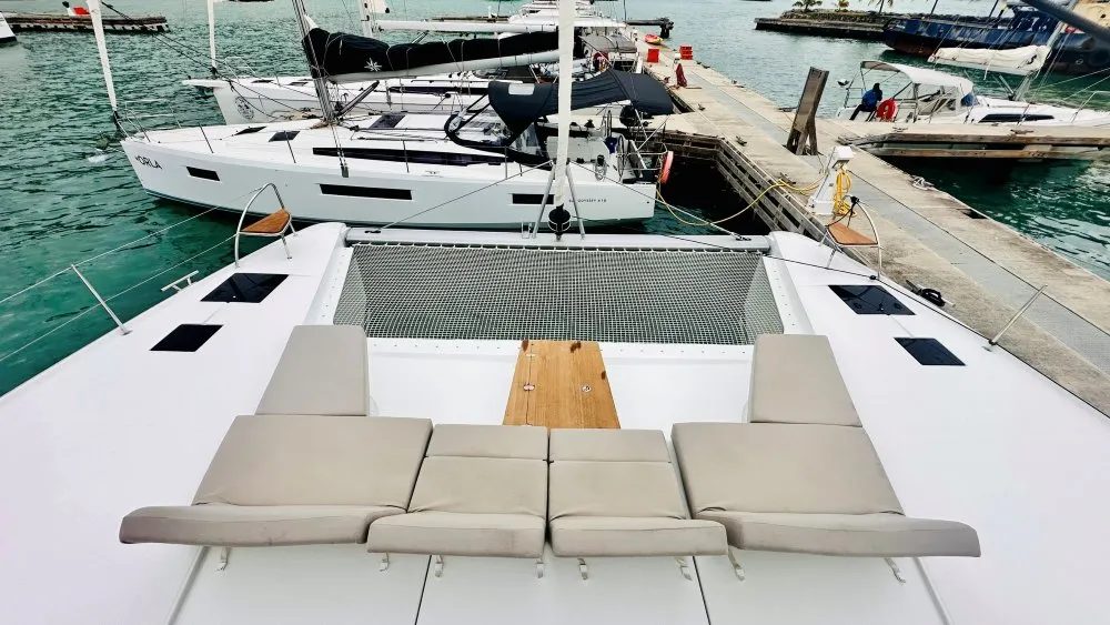 Deck of Freedom, a Fountaine Pajot Aura 51 catamaran at Road Town, British Virgin Islands