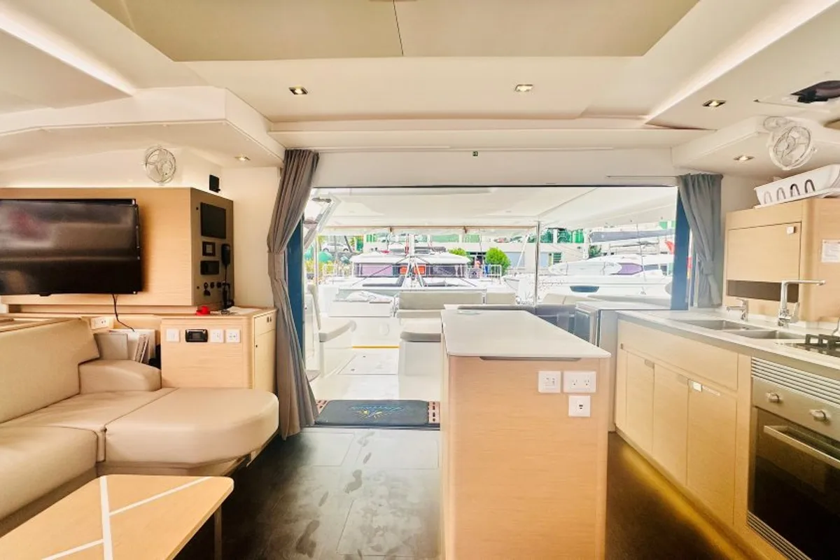 Salon of Freedom, a Fountaine Pajot Aura 51 catamaran at Road Town, British Virgin Islands