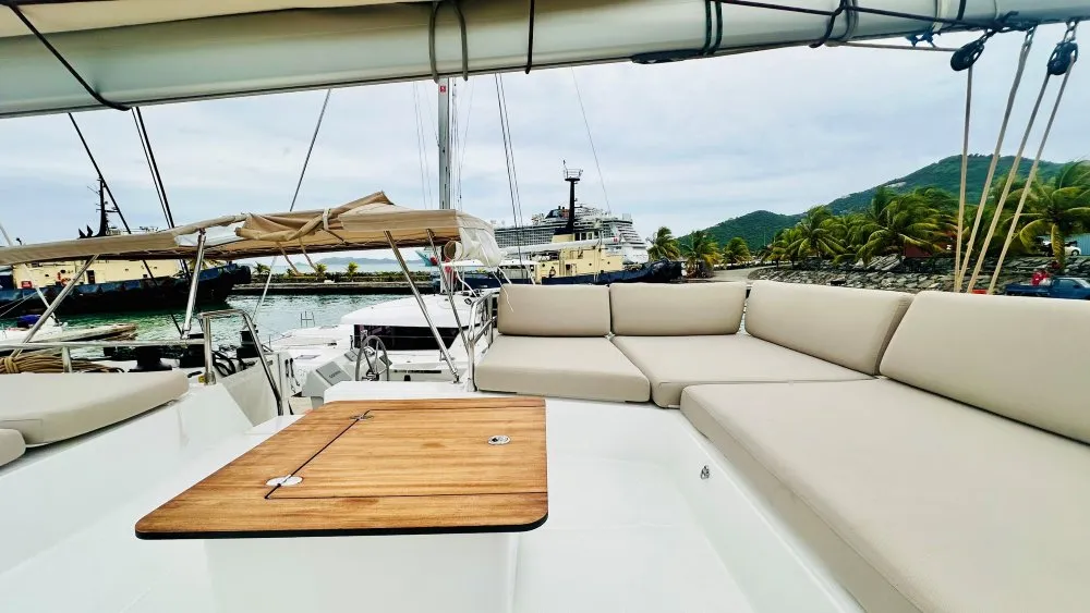 Deck of Freedom, a Fountaine Pajot Aura 51 catamaran at Road Town, British Virgin Islands