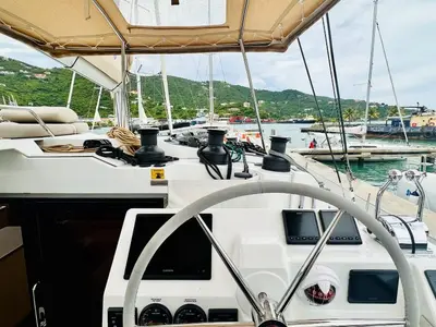 Cockpit of Freedom, a Fountaine Pajot Aura 51 catamaran at Road Town, British Virgin Islands