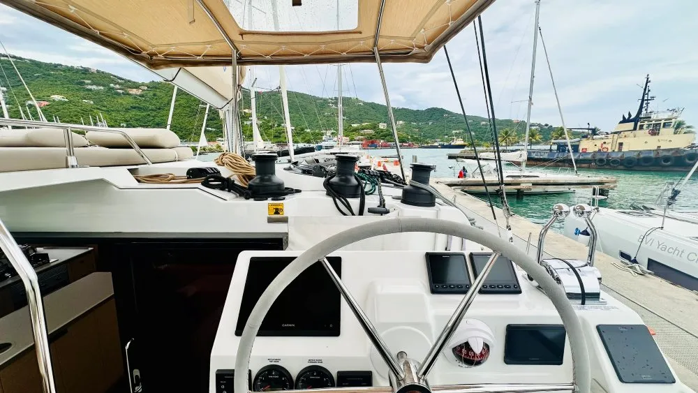 Cockpit of Freedom, a Fountaine Pajot Aura 51 catamaran at Road Town, British Virgin Islands