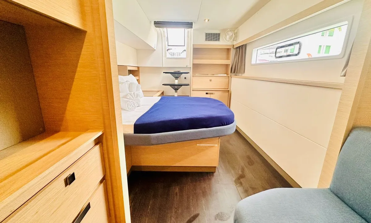 Cabin on Freedom, a Fountaine Pajot Aura 51 catamaran at Road Town, British Virgin Islands