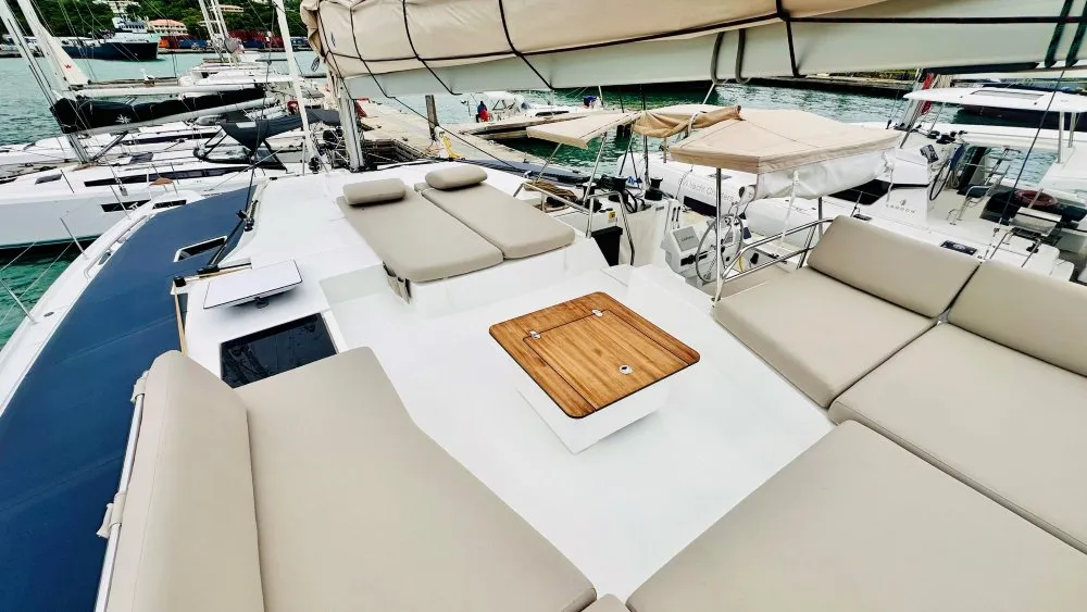 Deck of Freedom, a Fountaine Pajot Aura 51 catamaran at Road Town, British Virgin Islands