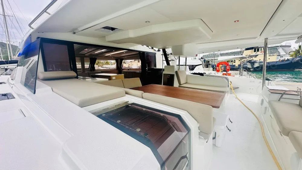 Deck of Freedom, a Fountaine Pajot Aura 51 catamaran at Road Town, British Virgin Islands