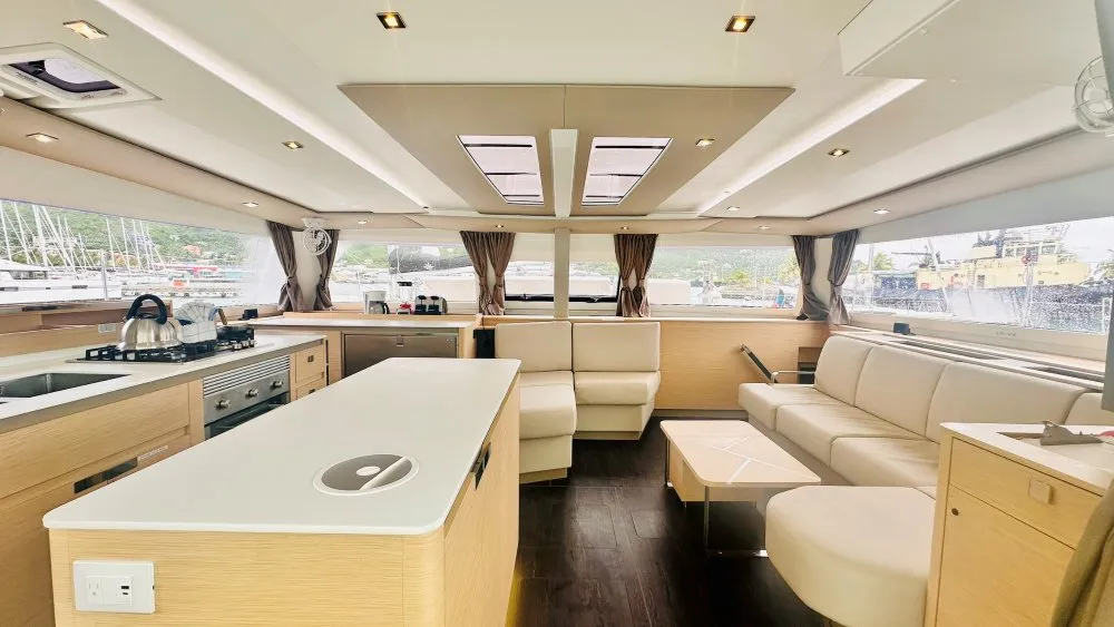 Salon of Freedom, a Fountaine Pajot Aura 51 catamaran at Road Town, British Virgin Islands