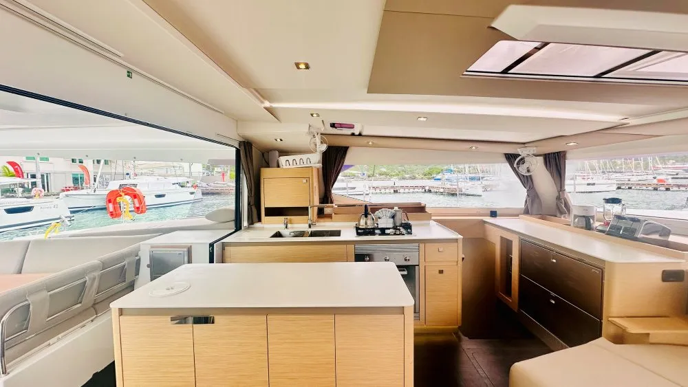 Galley of Freedom, a Fountaine Pajot Aura 51 catamaran at Road Town, British Virgin Islands