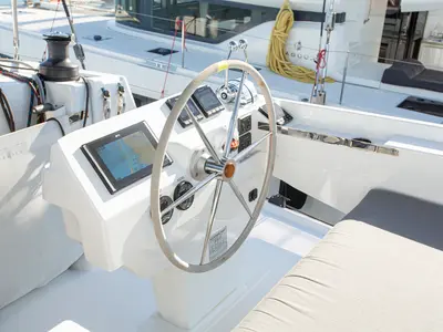 Cockpit of Ambrosia, a Fountaine Pajot Elba 45 catamaran at Municipal Unit of Lefkada, Greece