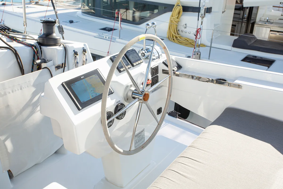 Cockpit of Ambrosia, a Fountaine Pajot Elba 45 catamaran at Municipal Unit of Lefkada, Greece