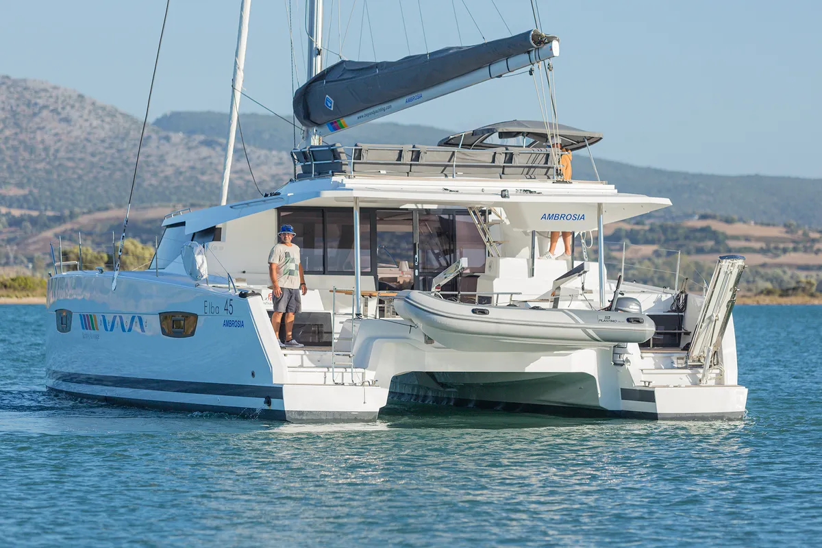 Exterior view of Ambrosia, a Fountaine Pajot Elba 45 catamaran at Municipal Unit of Lefkada, Greece