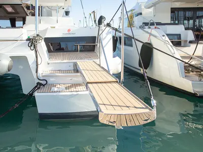 Deck of Ambrosia, a Fountaine Pajot Elba 45 catamaran at Municipal Unit of Lefkada, Greece