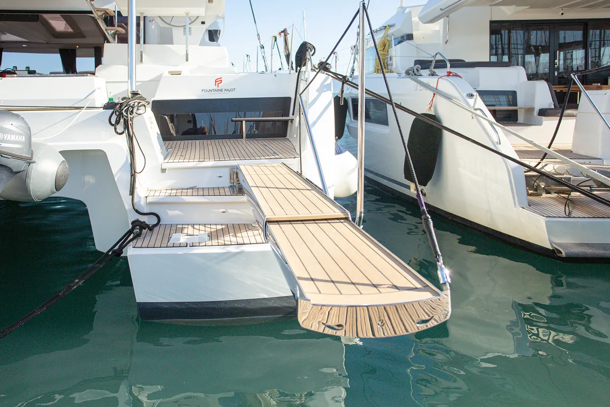 Deck of Ambrosia, a Fountaine Pajot Elba 45 catamaran at Municipal Unit of Lefkada, Greece