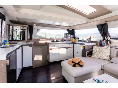 Salon of Ambrosia, a Fountaine Pajot Elba 45 catamaran at Municipal Unit of Lefkada, Greece